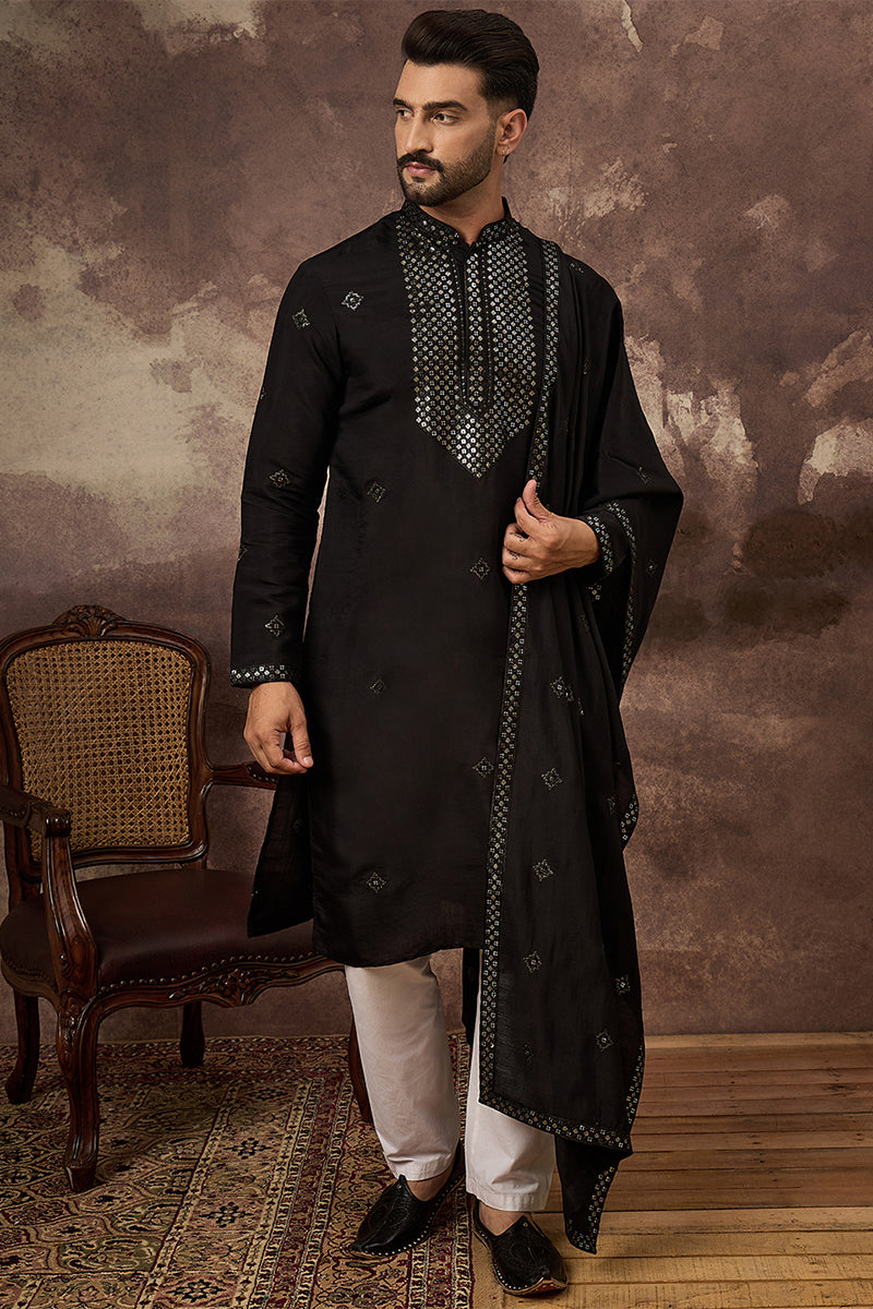 Black Silk Blend Solid Embroidered Straight Kurta with Dupatta MKUD1006