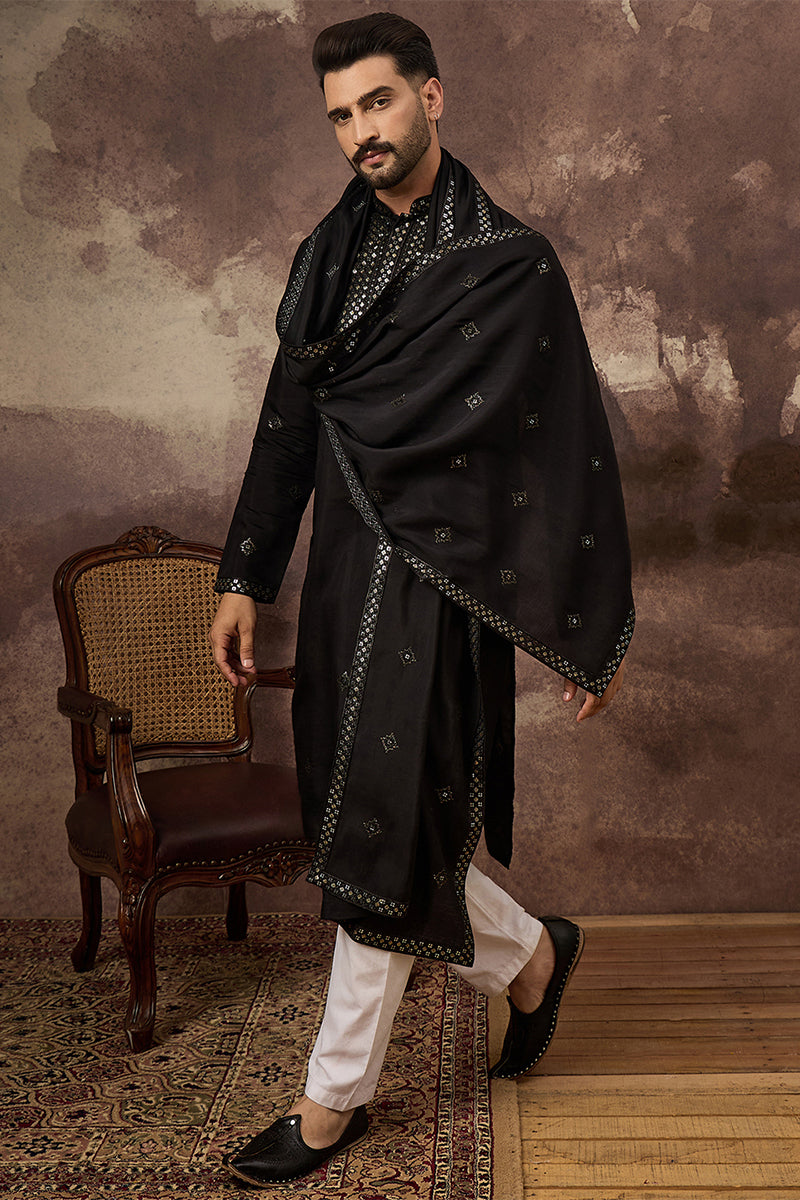 Black Silk Blend Solid Embroidered Straight Kurta with Dupatta MKUD1006