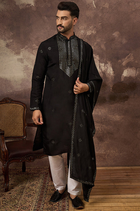 Black Silk Blend Embroidered Straight Kurta Trouser with Dupatta MKPD1006