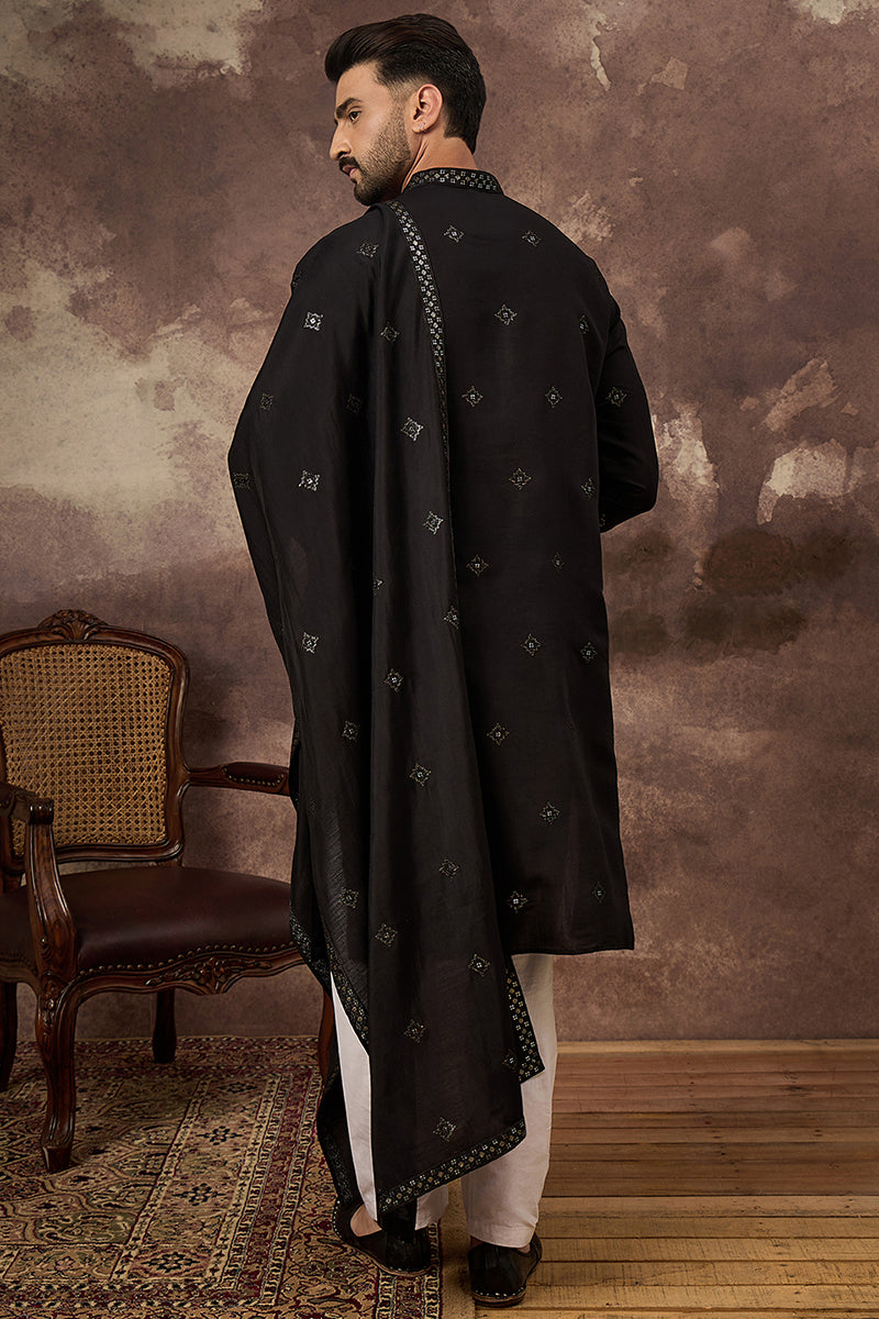 Black Silk Blend Embroidered Straight Kurta Trouser with Dupatta