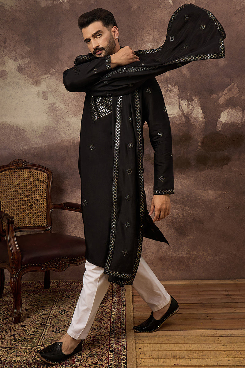 Black Silk Blend Solid Embroidered Straight Kurta with Dupatta MKUD1006