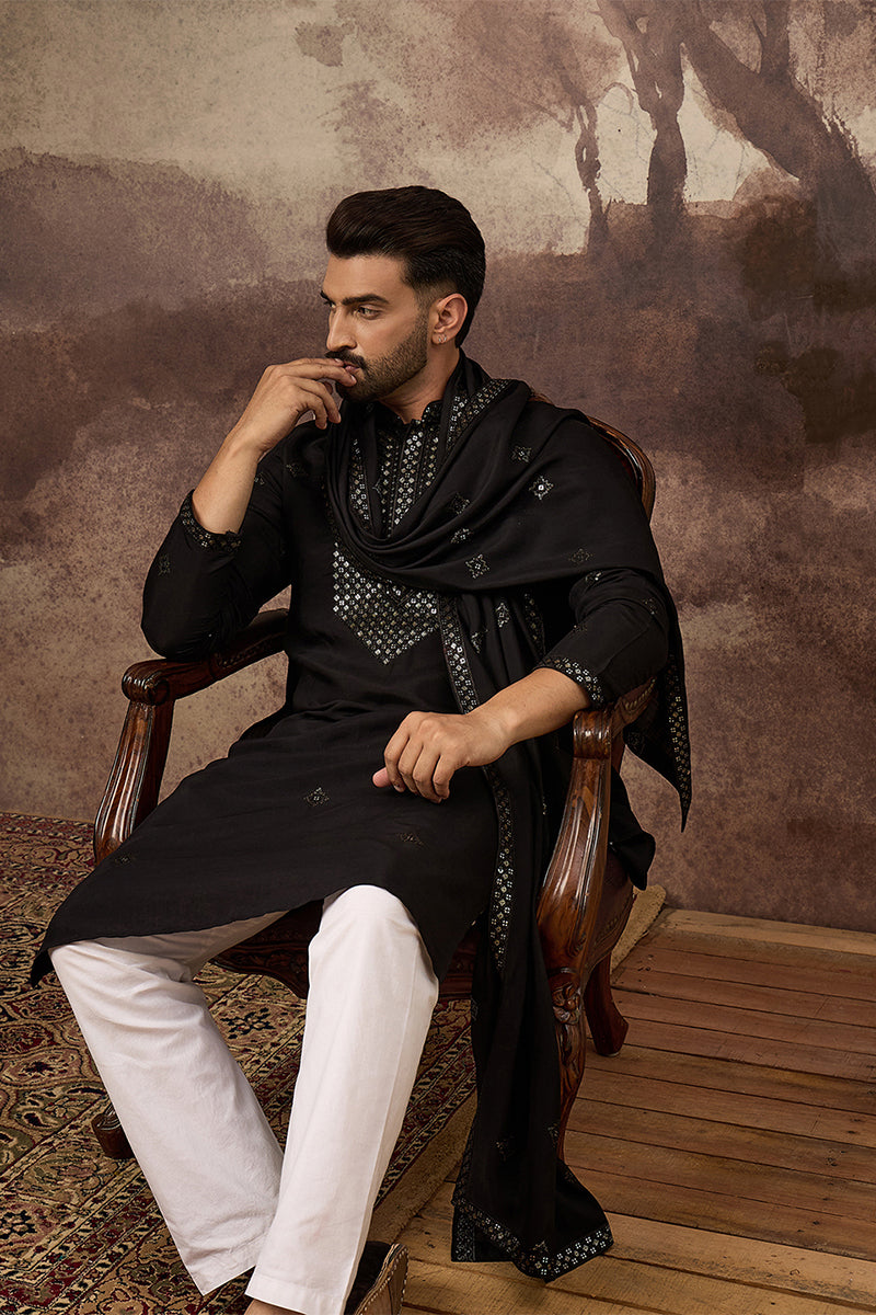 Black Silk Blend Solid Embroidered Straight Kurta with Dupatta
