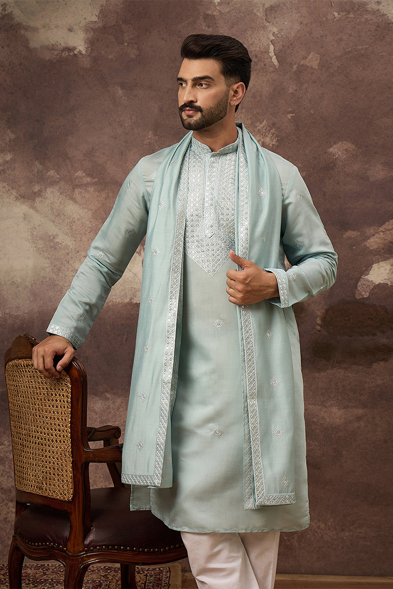 Blue Silk Blend Solid Embroidered Straight Kurta with Dupatta MKUD1007