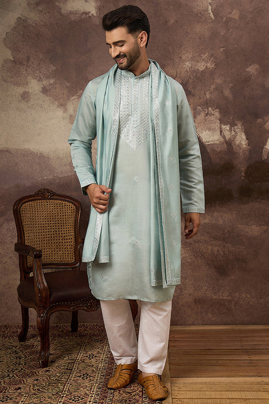 blue silk blend embroidered straight kurta trouser with dupatta mkpd1007