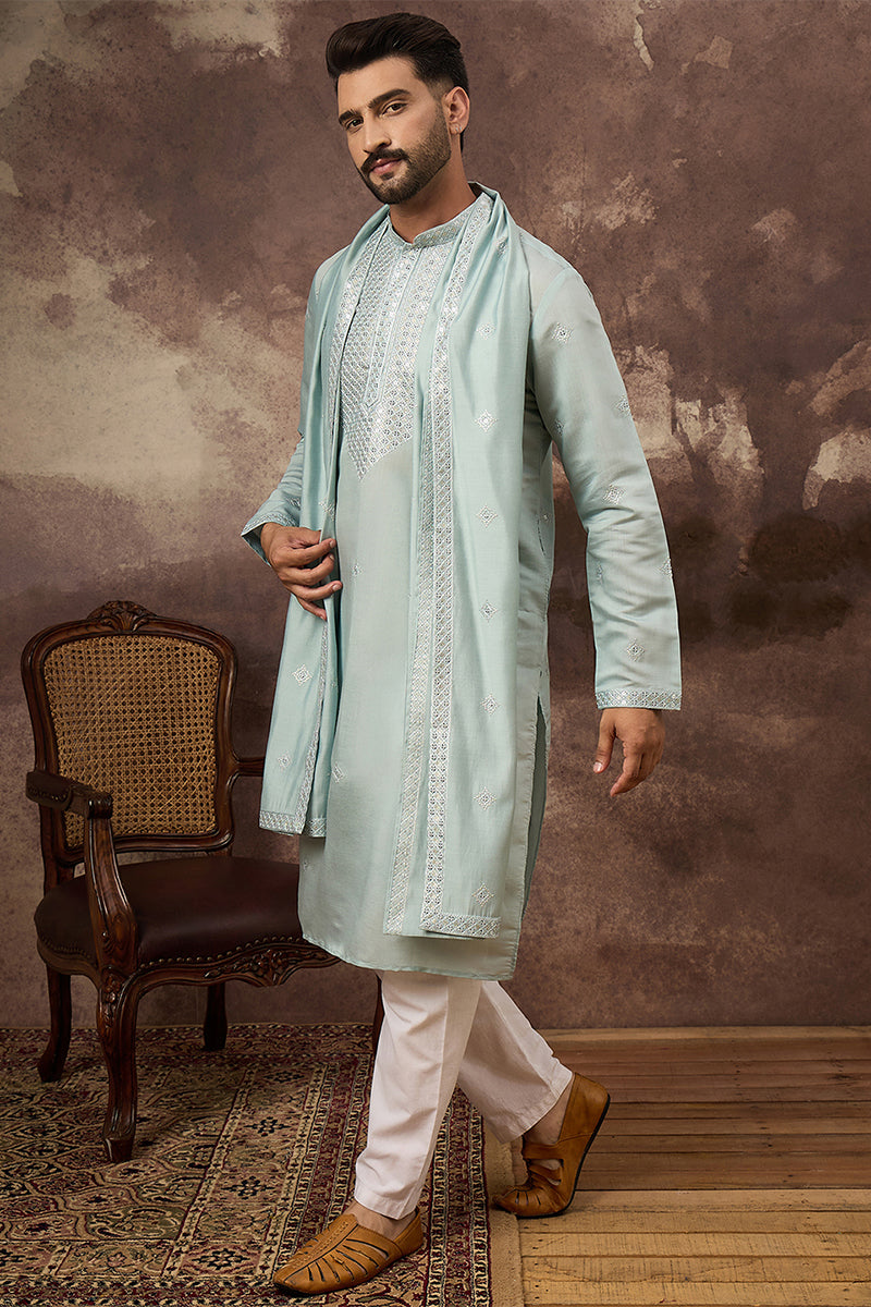 Blue Silk Blend Solid Embroidered Straight Kurta with Dupatta MKUD1007