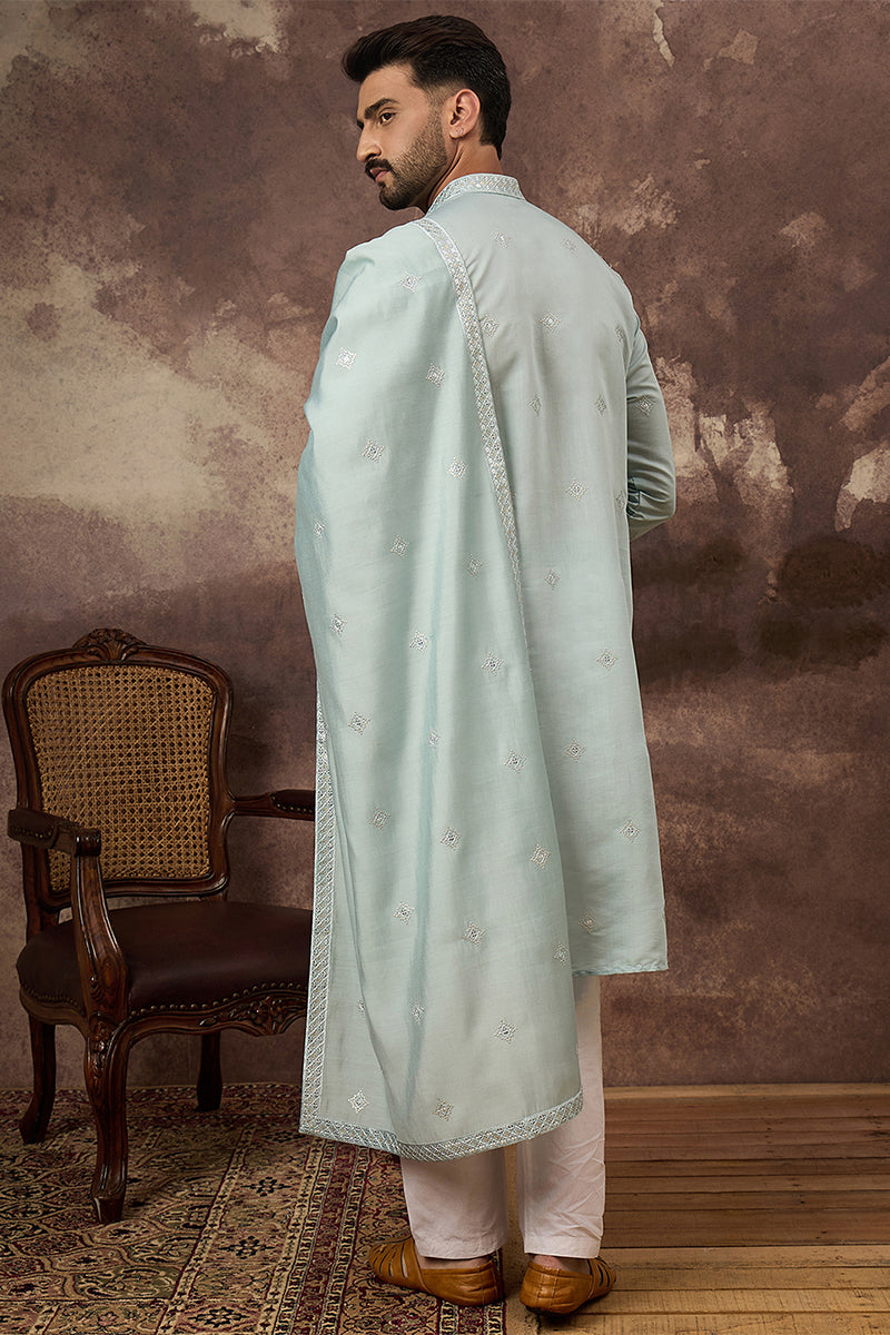 Blue Silk Blend Solid Embroidered Straight Kurta with Dupatta MKUD1007