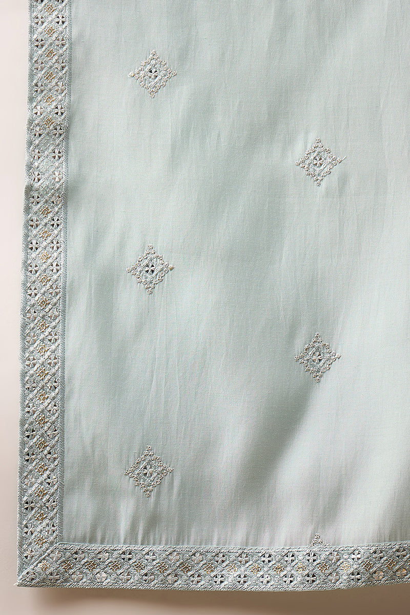 Blue Silk Blend Solid Embroidered Straight Kurta with Dupatta