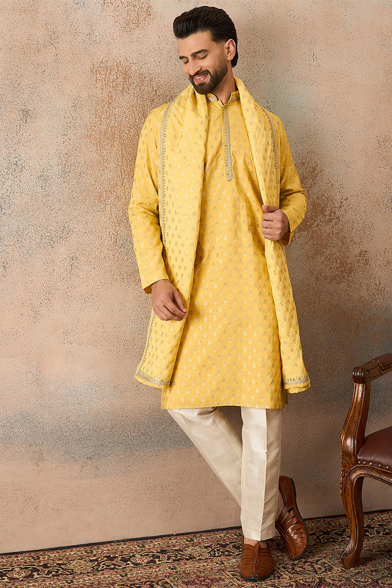 Men Yellow Jacquard Woven Design Floral Straight Kurta with Dupatta MKUD1016