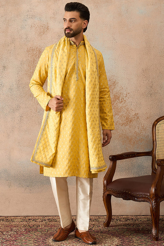 Men Yellow Jacquard Woven Design Floral Straight Kurta Sets MKPD1016