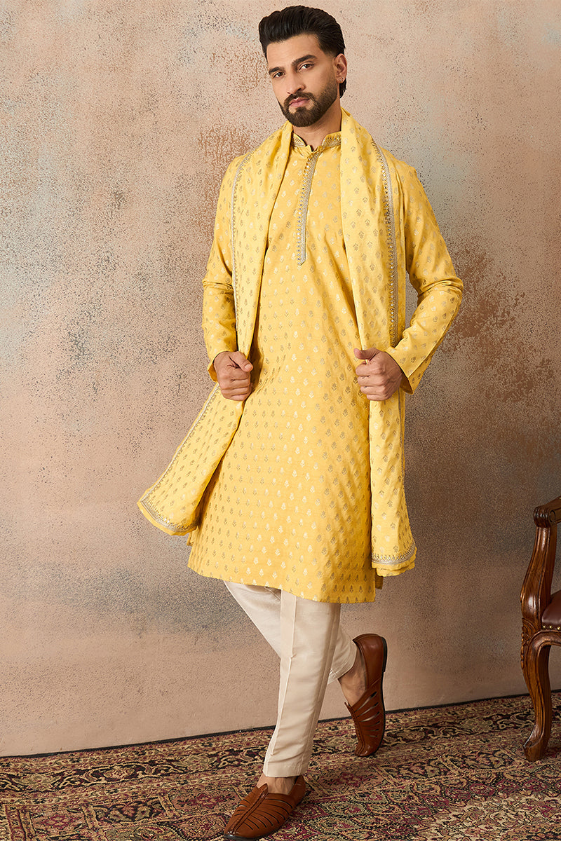 Men Yellow Jacquard Woven Design Floral Straight Kurta with Dupatta MKUD1016