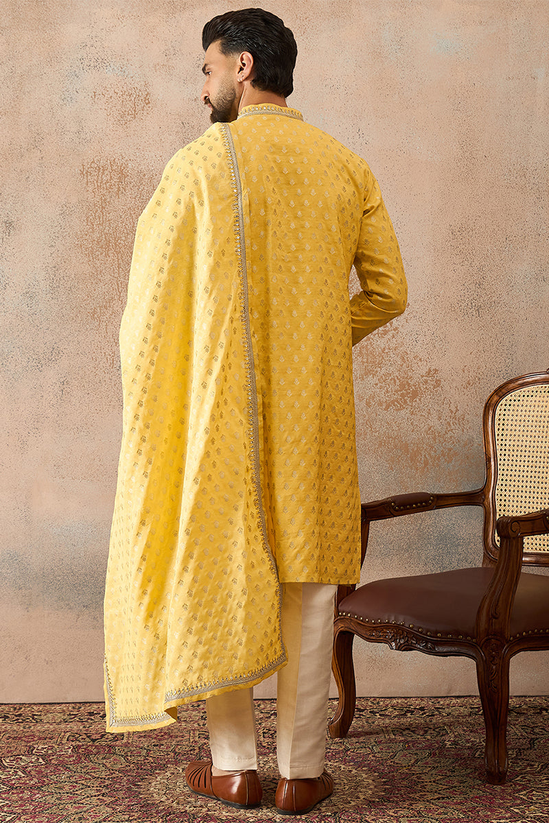 Men Yellow Jacquard Woven Design Floral Straight Kurta Sets