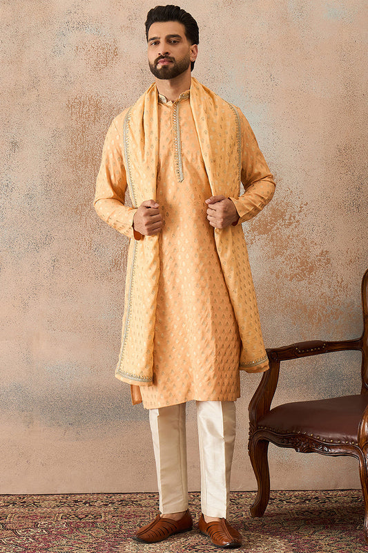 Men Peach Jacquard Woven Design Floral Straight Kurta with Dupatta MKUD1017