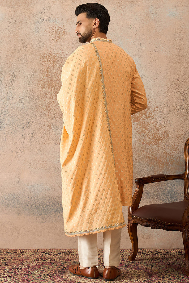 Men Peach Jacquard Woven Design Floral Straight Kurta Sets MKPD1017