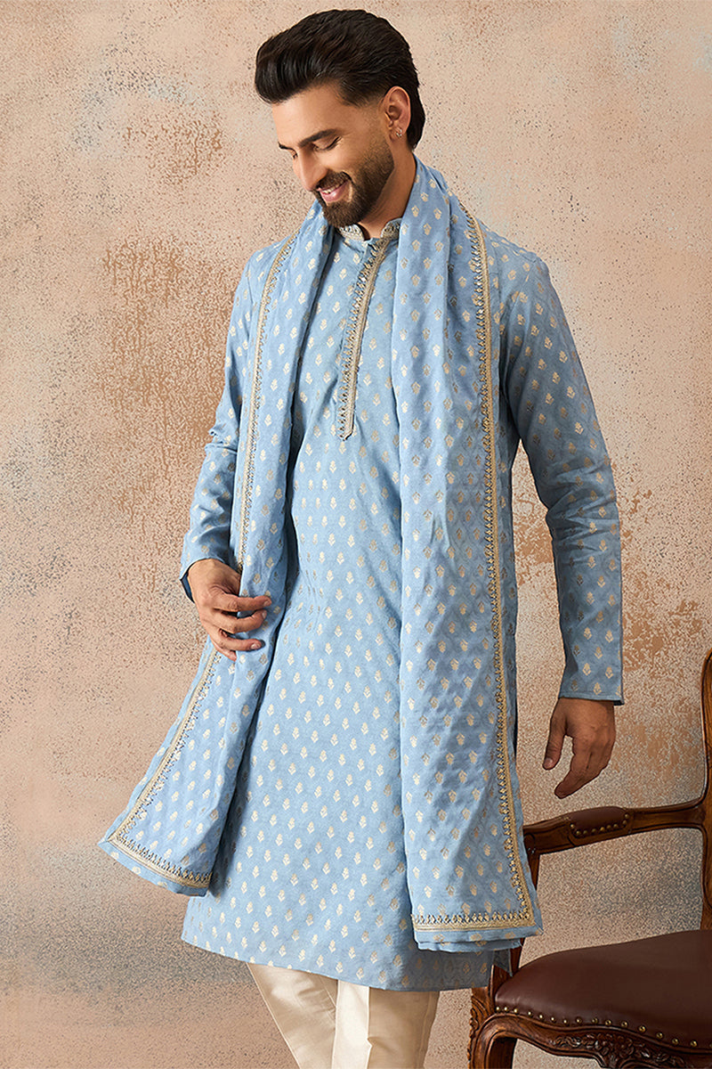 Men Blue Jacquard Woven Design Floral Straight Kurta with Dupatta MKUD1019