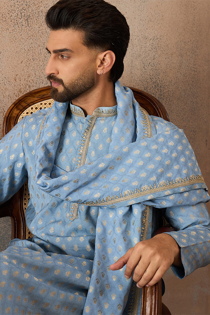 Men Blue Jacquard Woven Design Floral Straight Kurta with Dupatta MKUD1019
