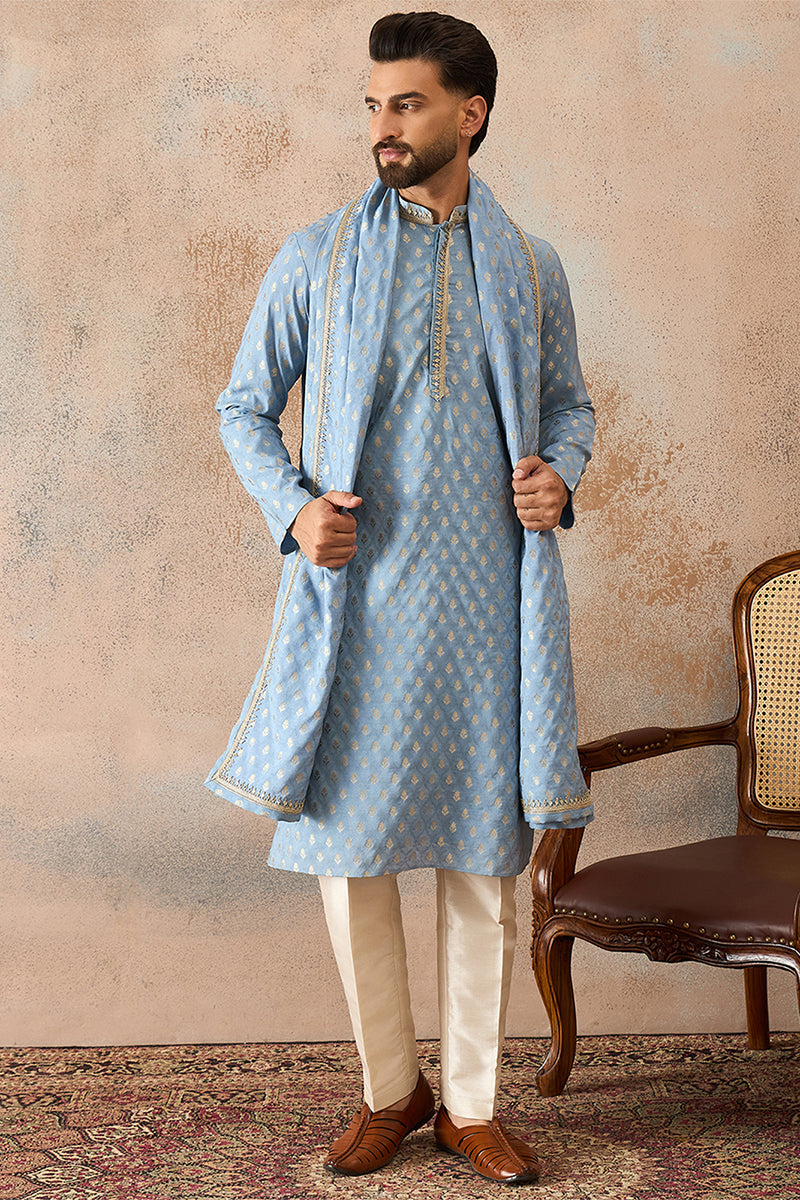 Men Blue Jacquard Woven Design Floral Straight Kurta with Dupatta MKUD1019