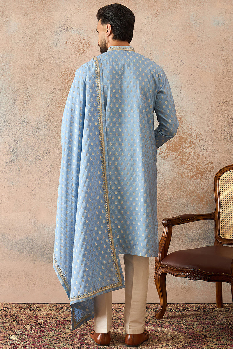 Men Blue Jacquard Woven Design Floral Straight Kurta with Dupatta MKUD1019