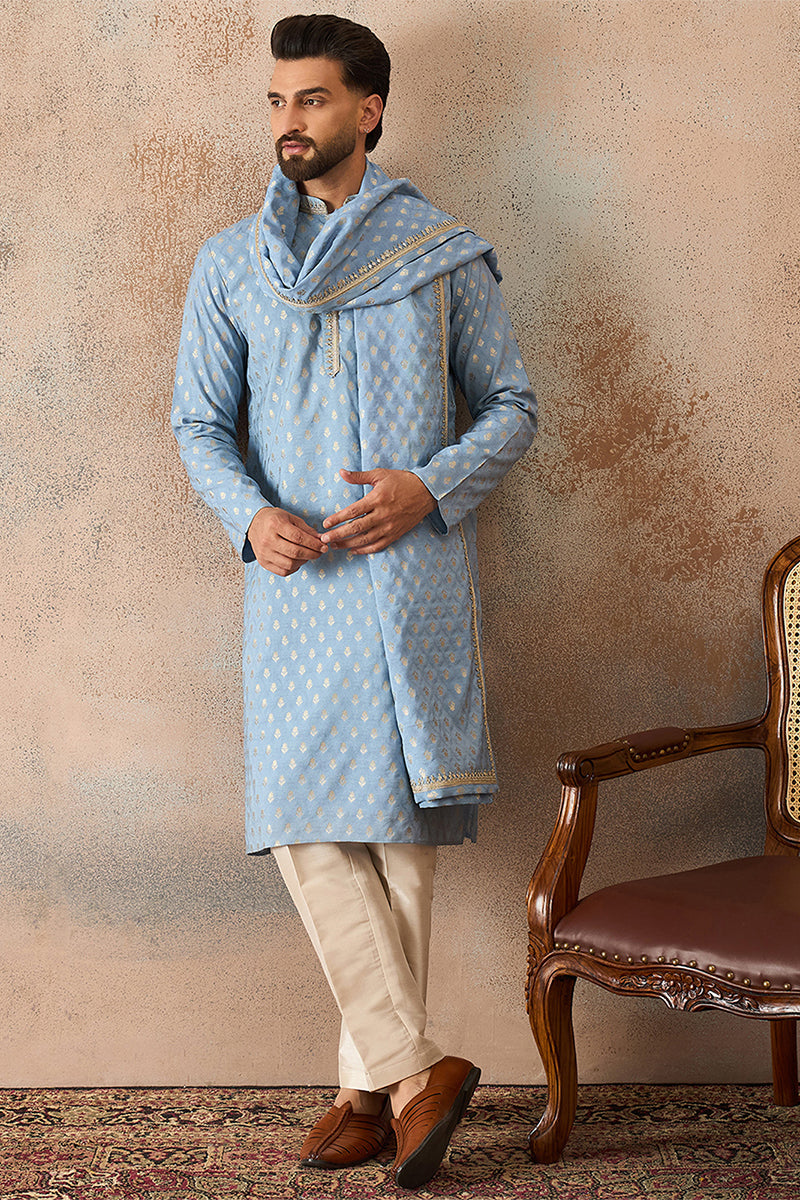 Men Blue Jacquard Woven Design Floral Straight Kurta with Dupatta