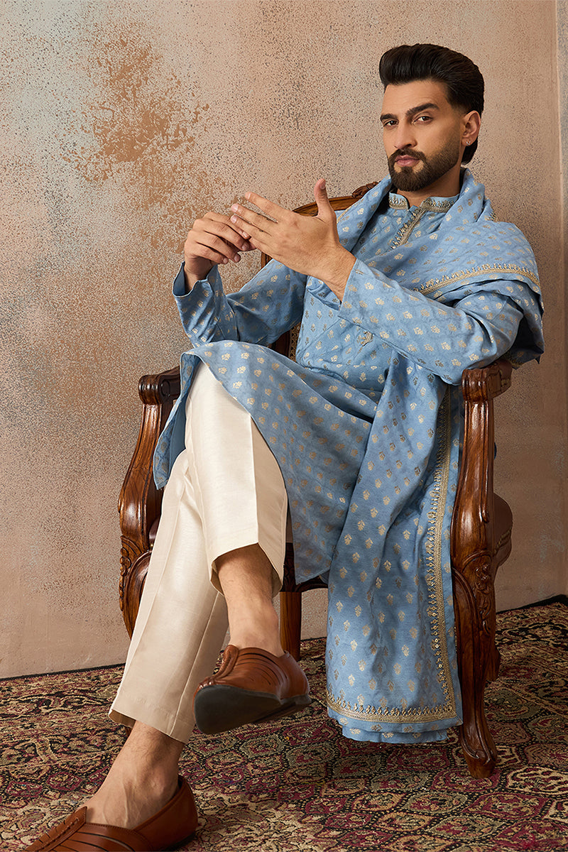 Men Blue Jacquard Woven Design Floral Straight Kurta with Dupatta