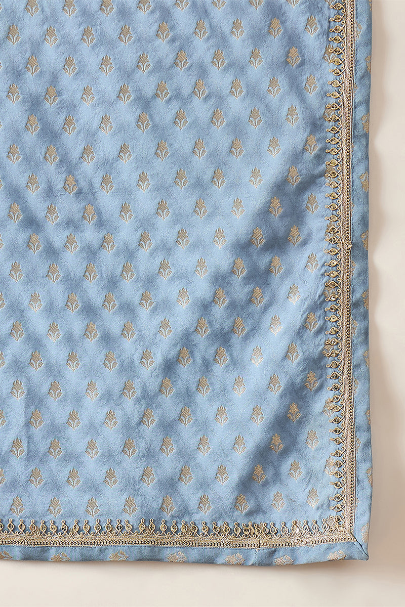 Men Blue Jacquard Woven Design Floral Straight Kurta with Dupatta