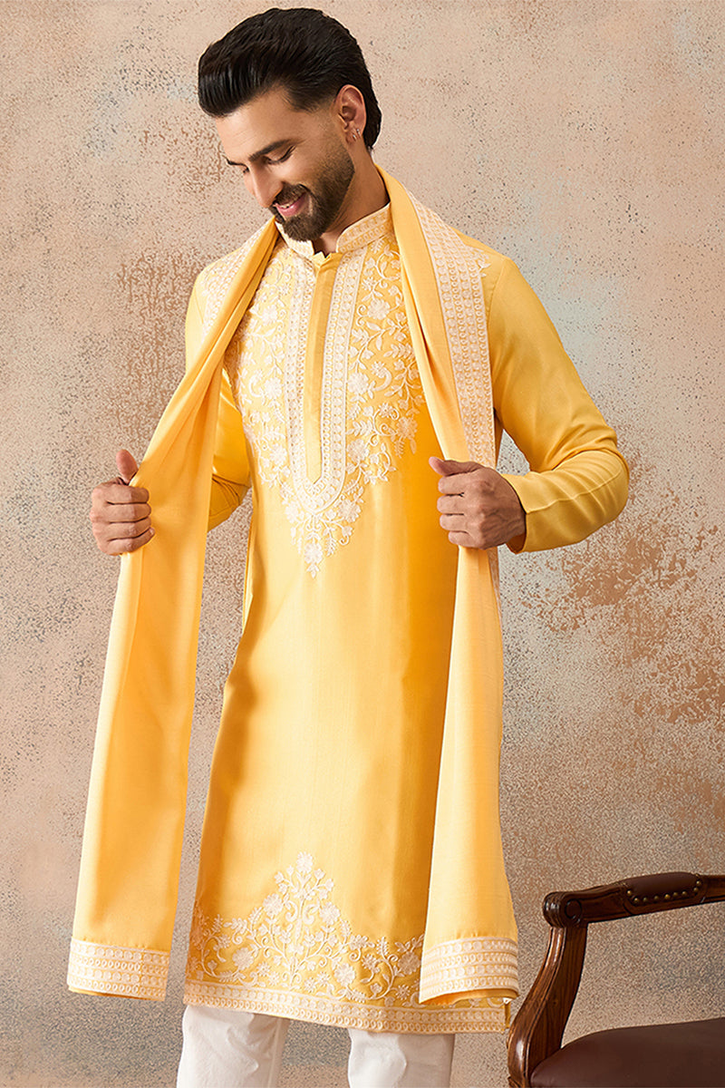 Men Yellow Silk Blend Woven Design Floral Straight Kurta Sets MKPD1037