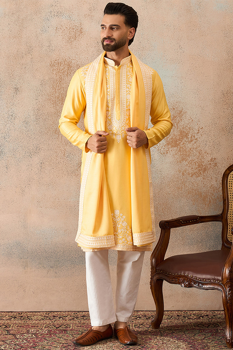 Men Yellow Silk Blend Woven Design Floral Straight Kurta Sets MKPD1037