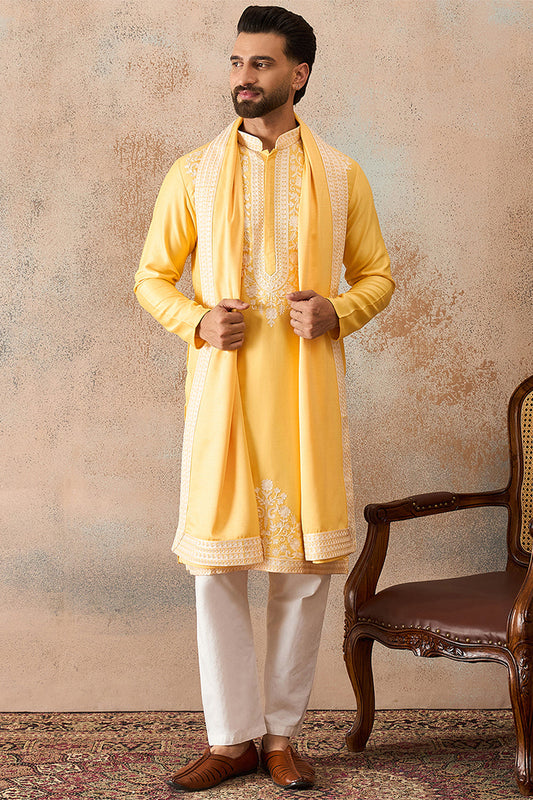 Men Yellow Silk Blend Woven Design Floral Straight Kurta Sets MKPD1037