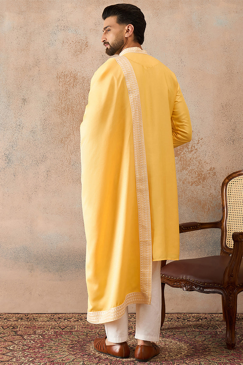 Men Yellow Silk Blend Woven Design Floral Straight Kurta Sets MKPD1037