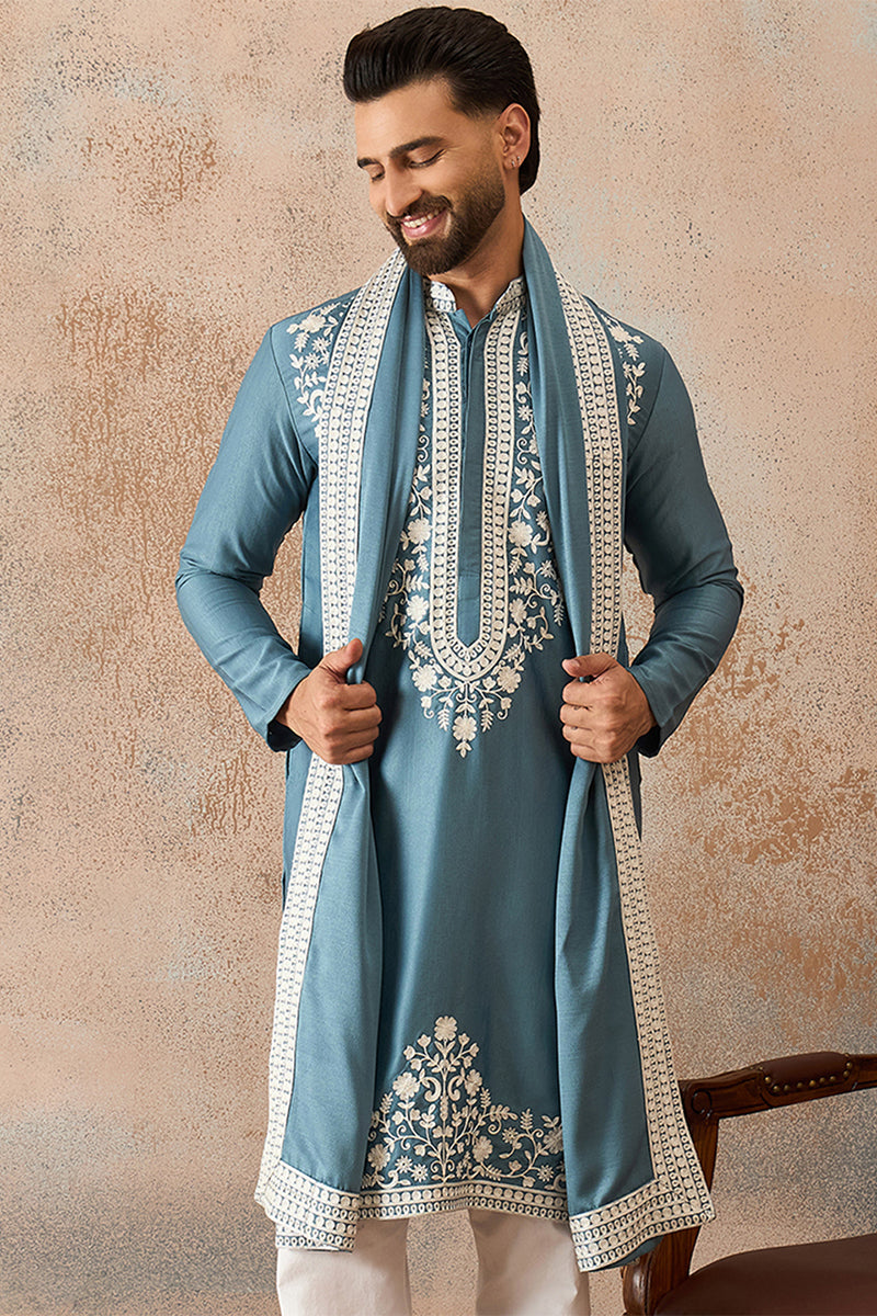 Men Blue Silk Blend Woven Design Floral Straight Kurta Sets MKPD1039
