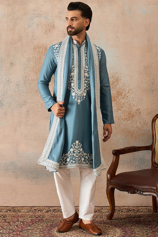 Men Blue Silk Blend Woven Design Floral Straight Kurta Sets MKPD1039
