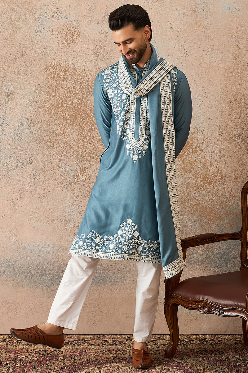 Men Blue Silk Blend Woven Design Floral Straight Kurta Sets MKPD1039