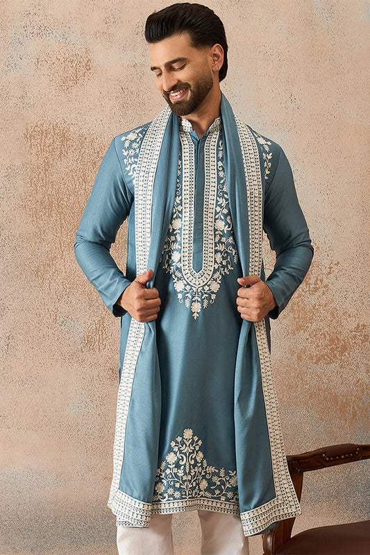 Men Blue Silk Blend Woven Design Floral Straight Kurta with Dupatta MKUD1039