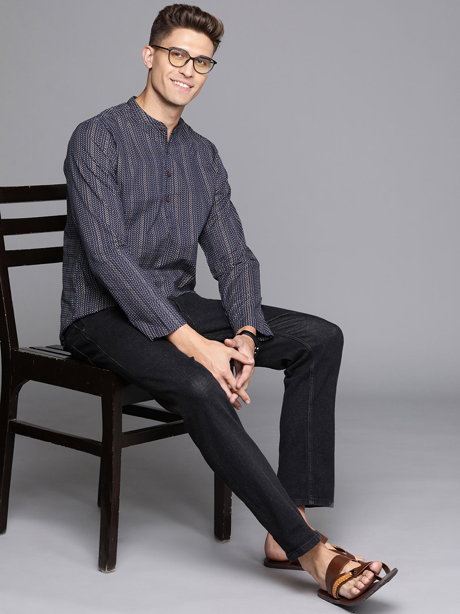 Navy Blue Herringbone Cotton Straight Kurtas