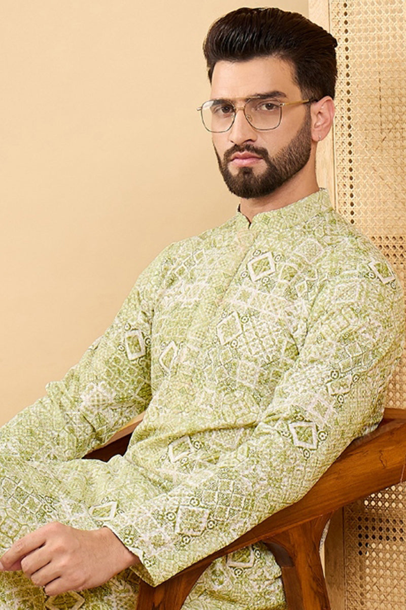 Olive Viscose Rayon Geometric Embroidered Straight Kurta with Trouser MKSET1041
