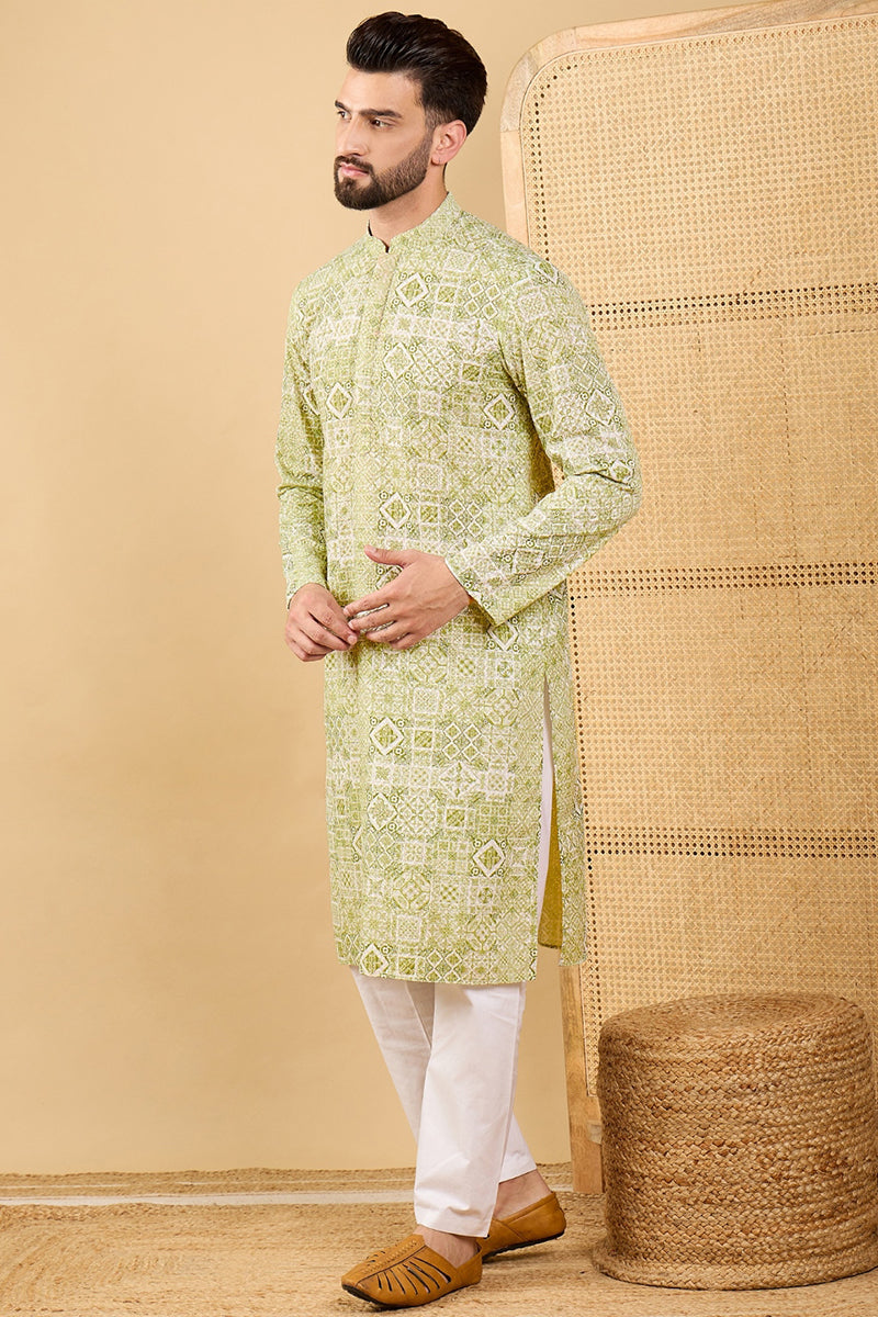 Olive Viscose Rayon Geometric Embroidered Straight Kurta with Trouser MKSET1041