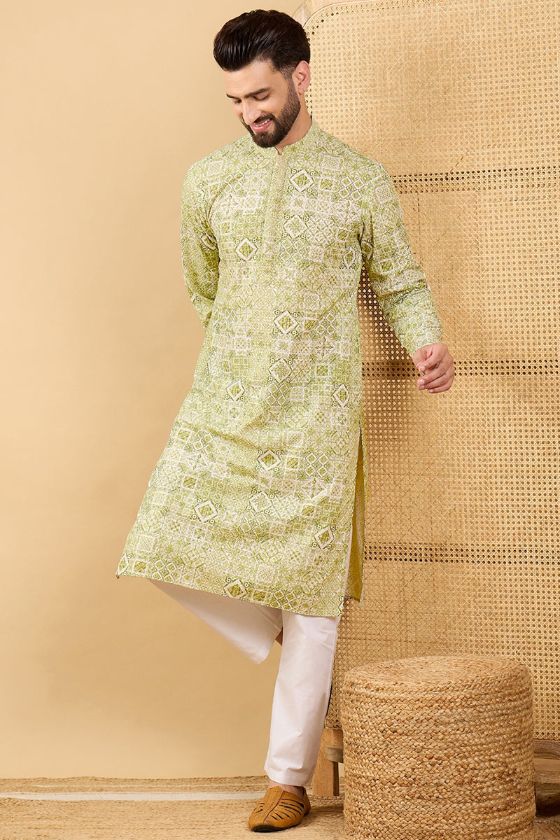 Olive Viscose Rayon Geometric Embroidered Straight Kurta with Trouser