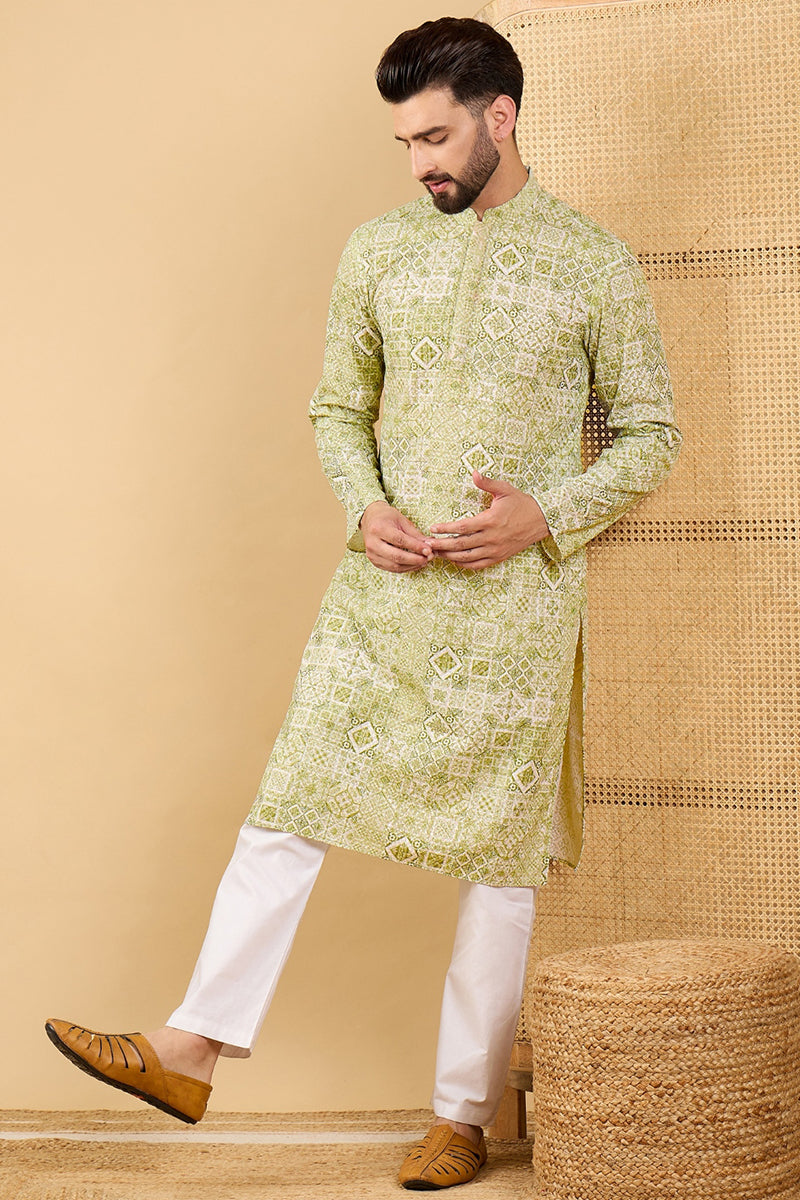 Olive Viscose Rayon Geometric Embroidered Straight Kurta with Trouser