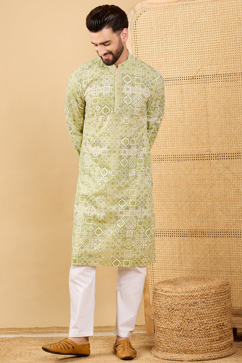 Olive Viscose Rayon Geometric Embroidered Straight Kurta with Trouser