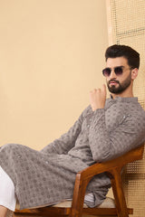 grey viscose rayon solid embroidered straight kurta with trouser