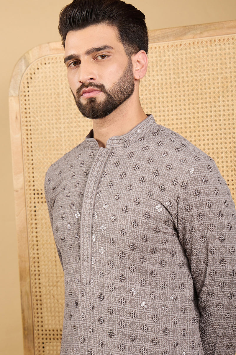 grey viscose rayon solid embroidered straight kurta with trouser