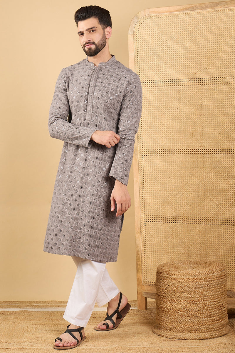 grey viscose rayon solid embroidered straight kurta with trouser