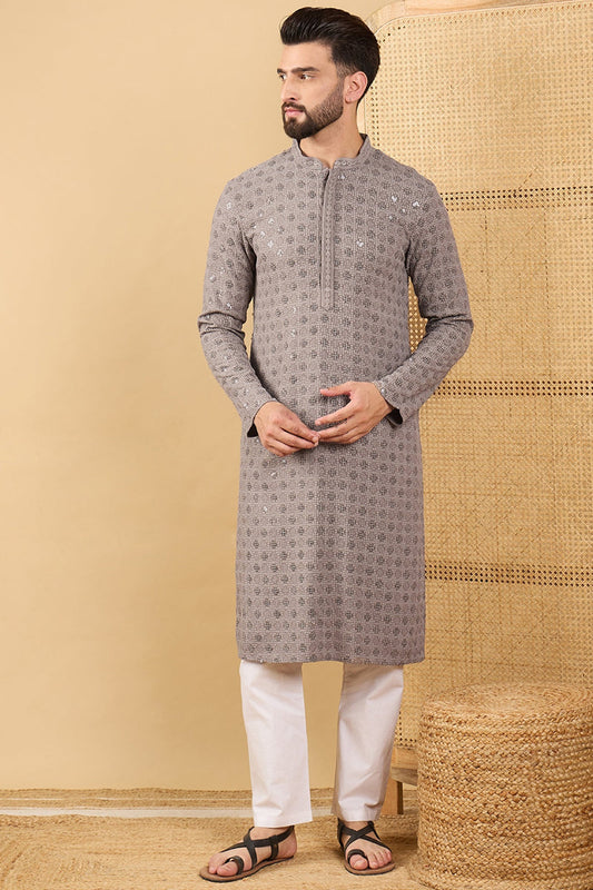 grey viscose rayon solid embroidered straight kurta with trouser