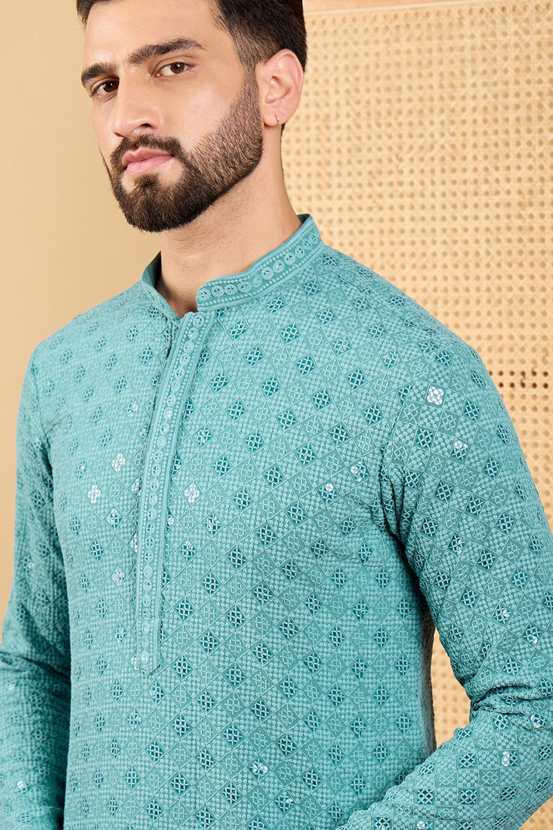 blue viscose rayon solid embroidered straight kurta with trouser