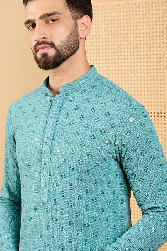 blue viscose rayon solid embroidered straight kurta with trouser