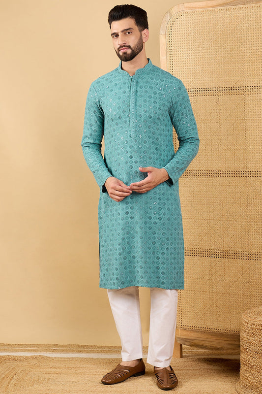 blue viscose rayon solid embroidered straight kurta with trouser
