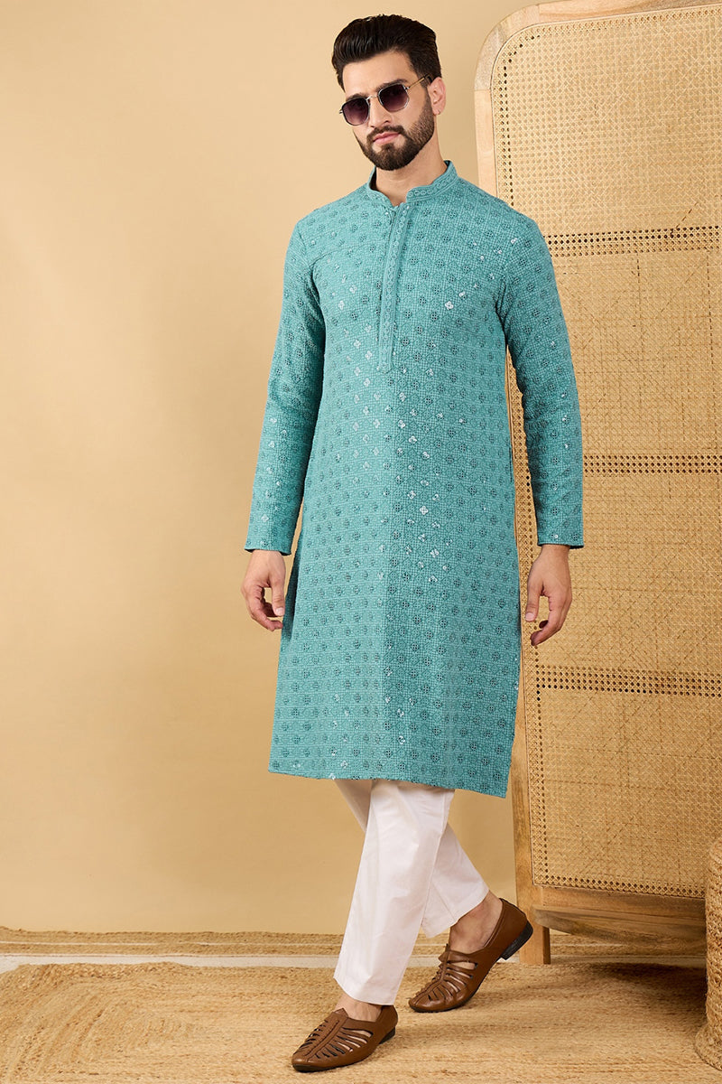 blue viscose rayon solid embroidered straight kurta with trouser