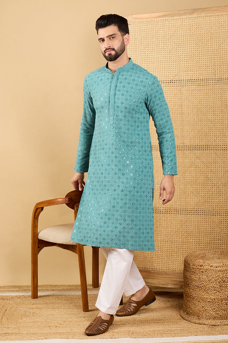 blue viscose rayon solid embroidered straight kurta with trouser