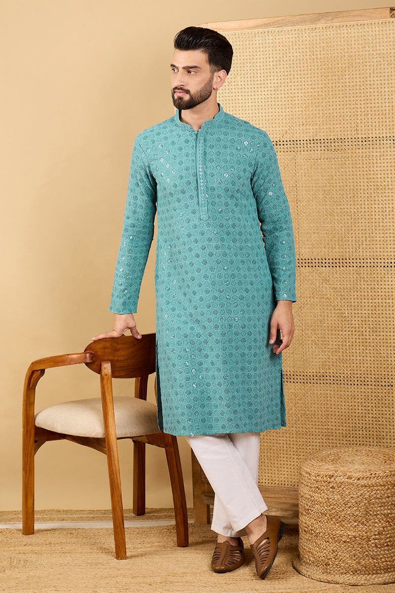 blue viscose rayon solid embroidered straight kurta with trouser