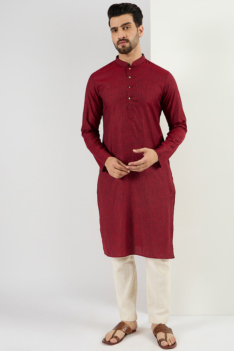 maroon-pure-cotton-solid-woven-design-straight-kurta-with-trousers-mkset1096