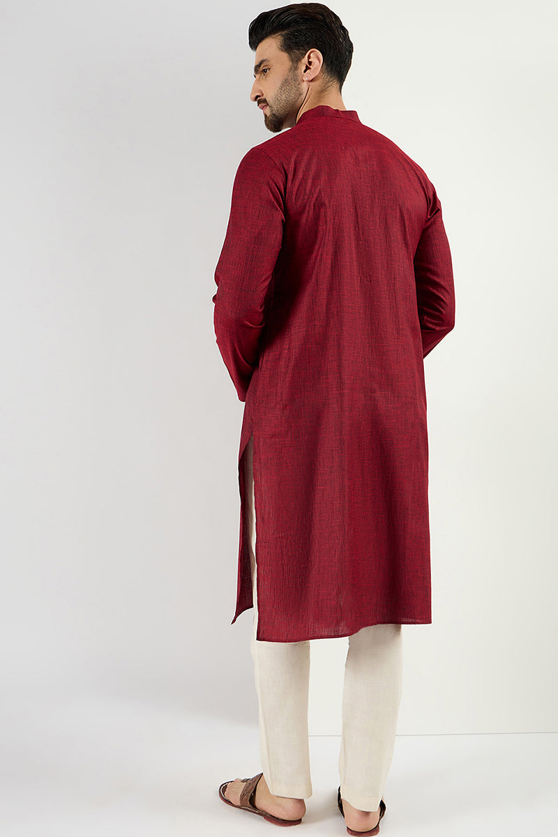 maroon-pure-cotton-solid-woven-design-straight-kurta-with-trousers-mkset1096